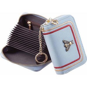 Ladies Blue Zipper Credit Card Case Holder Key Chain Bee Wallet Coin Pocket